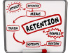Retention diagram on a dry erase board to keep employees, with words attract, interview, hire, train, motivate, reward and review as steps to hold onto workers or staff